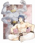  1boy abs anklet asuka_rkgk barefoot belt black_hair border bracelet bruno_(pokemon) closed_mouth collarbone frown jewelry long_hair machamp male_focus pants pectorals pokemon pokemon_(creature) pokemon_(game) pokemon_hgss ponytail sitting topless_male torn_clothes torn_pants white_border 