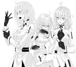  1girl ahoge black_gloves blush chaldea_logo command_spell dress fate/grand_order fate_(series) fujimaru_ritsuka_(female) fujimaru_ritsuka_(female)_(decisive_battle_chaldea_uniform) gloves heavy_breathing highres holding_own_arm jacket kurenai_veni1 monochrome official_alternate_costume open_mouth short_hair simple_background sitting solo sweatdrop white_background white_dress white_jacket 