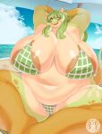  absurd_res anthro areola areola_slip artist_logo beach big_breasts bikini breasts clothed clothing common_hippopotamus day eyebrow_through_hair eyebrows female green_body green_eyes green_hair green_skin hair hands_behind_head hi_res highlights_(coloring) hippopotamid huge_breasts kemono logo long_hair mammal multicolored_body multicolored_hair multicolored_skin navel open_mouth orange_body orange_skin outside sasanoha6011 seaside sitting solo swimwear tail teeth thick_thighs tongue translucent translucent_hair two_tone_hair water white_body white_highlights white_skin 