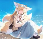  1girl animal_ear_fluff animal_ears ankle_socks arknights artist_name bag black_footwear blonde_hair blue_hairband blue_skirt blush bobby_socks brown_bag cardigan closed_eyes commentary creature_on_head cross-laced_clothes cross-laced_skirt cross-laced_slit crossover dated fox_ears fox_girl fox_tail frilled_hairband frills full_body hair_ornament hair_scrunchie hairband handbag heixiu high-waist_skirt highres huitu_tool kitsune knees_up kyuubi long_hair long_sleeves multicolored_hair multiple_tails neck_ribbon official_alternate_costume on_ground open_cardigan open_clothes open_mouth puffy_long_sleeves puffy_sleeves red_ribbon ribbon round_bag scrunchie shirt shoes shoulder_bag sitting skirt socks suzuran_(arknights) suzuran_(spring_praise)_(arknights) tail teeth two-tone_hair upper_teeth_only white_hair white_shirt white_socks yellow_cardigan 