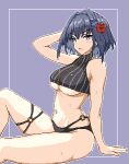  1girl arm_up bare_shoulders bikini blue_eyes blue_hair breasts flower hair_flower hair_intakes hair_ornament hololive hololive_english large_breasts looking_at_viewer navel o-ring ouro_kronii parted_lips pixel_art red_flower short_hair sitting solo stomach swimsuit thigh_strap thighs v-shaped_eyebrows virtual_youtuber zou_eita 