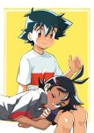  2boys ;) antenna_hair ash_ketchum black_hair blush brown_eyes closed_mouth goh_(pokemon) green_eyes grey_shirt hair_between_eyes hand_up highres invisible_chair knees lap_pillow looking_down male_focus multiple_boys one_eye_closed pokemon pokemon_(anime) pokemon_journeys shirt short_sleeves shorts sitting smile t-shirt tama!_(lazyturtle) white_shirt yaoi yellow_background 