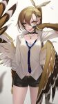  1girl :p absurdres animal_hands bird_wings black_shorts blue_necktie breasts brown_eyes brown_hair cleavage feather_hair_ornament feathered_wings feathers hair_ornament highres holocouncil hololive hololive_english long_hair long_sleeves looking_at_viewer multicolored_hair nanashi_mumei necktie ponytail school_uniform shirt short_shorts shorts simple_background solo somebody_(leiking00) streaked_hair thighs tongue tongue_out virtual_youtuber white_background white_shirt wings 