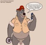  2022 absurd_res anthro baloo bear belly cellphone clothing dialogue english_text genitals hat headgear headwear hi_res male mammal overweight overweight_male penis phone shirt smartphone solo text the_jungle_book thebeart topwear 