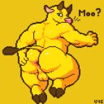  4_fingers anthro anus blush bovid bovine butt cattle digital_media_(artwork) fingers fur golden_calf green_eyes hooves horn male mammal pixel_(artwork) presenting presenting_anus presenting_hindquarters rear_view solo spread_butt spreading tail text thick_thighs u4e yellow_body yellow_fur 