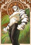  1boy abs absurdres animal_print arknights bara border furry furry_male highres leaf looking_at_viewer male_focus mountain_(arknights) pectorals scar scar_on_cheek scar_on_face solo striped tiger_boy tiger_print topless_male yingou_li_de_wenyi_zhi_yuan 