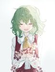  1girl ascot backlighting center_frills closed_eyes collared_shirt eyelashes falling_petals flower frilled_shirt_collar frills furawast green_hair highres holding holding_flower jacket kazami_yuuka long_sleeves medium_hair neckerchief open_mouth petals pink_flower red_flower red_jacket red_vest shirt sketch smile solo straight-on touhou upper_body vest wavy_hair white_background white_shirt yellow_ascot yellow_neckerchief 