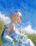  1girl blonde_hair blue_sky breasts cleavage day dress flower flowersbloodart genshin_impact hair_flower hair_ornament highres lumine_(genshin_impact) outdoors scarf short_hair_with_long_locks sky solo white_dress white_flower white_scarf yellow_eyes 