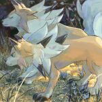  blue_eyes claws closed_eyes closed_mouth commentary english_commentary grass highres lycanroc lycanroc_(midday) no_humans outdoors pokemon pokemon_(creature) sakusakufugashi standing 