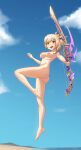  1girl :d absurdres arm_tattoo ass barefoot bikini blonde_hair blue_sky bow_(weapon) breasts cloud commentary completely_nude day full_body genshin_impact highres holding holding_bow_(weapon) holding_weapon large_breasts luizhtx nipples nude open_mouth outdoors ponytail revision short_hair sky smile solo stomach swimsuit tattoo thighs thundering_pulse_(genshin_impact) weapon yellow_eyes yoimiya_(genshin_impact) 