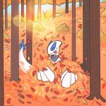  absurd_res anthro autumn autumn_leaves bandanna bandanna_on_neck blue_markings dez_(rcar) eyes_rolling_back forest forest_background generation_2_pokemon hi_res kerchief leaves_on_ground legendary_pokemon lugia male markings nature nature_background nintendo plant pokemon pokemon_(species) smile solo tongue tongue_out tree white_body white_skin xing1 