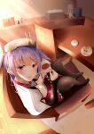  1girl ajax_(azur_lane) azur_lane breasts cup dessert feet_on_chair food from_above highres holding holding_cup naughty_face on_chair pantyhose purple_hair red_eyes red_skirt skirt small_breasts tea teacup tissue_box tsukimineko 