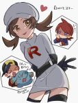  1girl 2boys :p alternate_costume arm_behind_back backwards_hat blue_eyes blue_hair brown_hair commentary_request ethan_(pokemon) hat konpei_(konpeito_210) lyra_(pokemon) multiple_boys phanpy pokemon pokemon_(creature) pokemon_(game) pokemon_hgss red_hair silver_(pokemon) team_rocket team_rocket_uniform tongue tongue_out translation_request v yellow_eyes 