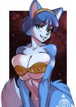  2023 accessory anthro archvile_(artist) arm_markings bandeau big_breasts blue_body blue_fur blue_hair bottomless breast_squish breasts canid canine clothed clothing collarbone dipstick_tail eyebrows eyelashes female fox fur hair hair_accessory hairband half-length_portrait hi_res krystal leg_markings looking_at_viewer mammal markings navel nintendo portrait short_hair smile solo squish star_fox tail tail_markings teal_eyes thigh_markings topwear white_body white_fur 