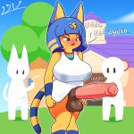  1:1 2023 absurd_res animal_crossing animal_genitalia animal_penis ankha_(animal_crossing) anthro balls big_breasts big_penis blue_body blue_eyes blue_hair blush bodily_fluids breasts bulge butterfly_net clothed clothing domestic_cat embarrassed english_text equine_genitalia equine_penis erection felid feline felis genital_fluids genitals group gynomorph hair hi_res holding_object huge_penis i3i2455_ivi394 intersex mammal multicolored_body net nintendo no_underwear open_mouth penis phone plant text topwear tree trio yellow_body 