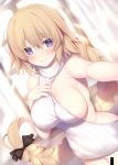  1girl absurdres bare_shoulders black_ribbon blonde_hair blue_eyes blush braid breasts cleavage fate/apocrypha fate_(series) hair_ribbon highres jeanne_d&#039;arc_(fate) large_breasts long_braid long_hair meme_attire miko_(royal_milk) non-web_source pulling ribbon smile solo very_long_hair virgin_killer_sweater window 