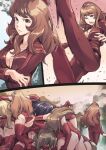  6+girls ass blue_eyes brown_hair defeat elbow_gloves gloves jacket jelly_shrimp kicking leotard long_hair long_sleeves lupin_iii mine_fujiko multiple_girls open_mouth pants pile red_gloves red_jacket red_leotard red_pants red_thighhighs thighhighs 
