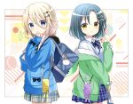  2girls absurdres aoyama_blue_mountain bag black_bow black_flower blonde_hair blue_eyes blue_jacket blue_skirt bow braid closed_mouth collared_shirt commentary_request diagonal-striped_bow diagonal-striped_necktie flower gochuumon_wa_usagi_desu_ka? green_jacket green_necktie hair_flower hair_ornament hair_over_shoulder hairclip highres hood hood_down hooded_jacket jacket long_hair long_sleeves looking_at_viewer low_twintails mate_rin multiple_girls necktie parted_bangs plaid plaid_skirt pleated_skirt ryoutan school_bag school_uniform shirt skirt sleeves_past_wrists smile sweater_vest twin_braids twintails white_flower white_shirt 