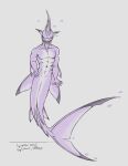  2023 5_fingers anthro blacktip_reef_shark carcharhinus digital_media_(artwork) drawtober ear_fins empty_eyes english_text fin fin_hair fingers fish hand_on_hip hi_res human_torso konani looking_at_viewer male marine merfolk multicolored_body muscular nude pseudo_hair purple_body reef_shark requiem_shark shark smile solo split_form spooptober teeth text two_tone_body white_body 