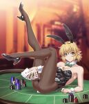  1girl ace_(playing_card) ace_of_hearts alternate_costume animal_ears arm_support armpits between_breasts black_footwear black_leotard blonde_hair blurry blurry_background blush bow bowtie breasts brown_pantyhose bunny_day card character_name closed_mouth collarbone commentary_request crossed_bangs detached_collar fake_animal_ears fake_tail fingernails frown full_body green_bow green_bowtie green_eyes heart high_heels highres holding holding_card jack_(playing_card) jack_of_hearts king_(playing_card) king_of_hearts_(card) leg_up leotard lighter looking_at_viewer medium_bangs medium_breasts mizuhashi_parsee on_table ootsuki_wataru pantyhose playboy_bunny playing_card pointy_ears poker_chip poker_table queen_(playing_card) queen_of_hearts_(card) rabbit_ears rabbit_tail royal_flush short_hair solo table tail ten_of_hearts touhou wing_collar wrist_cuffs 
