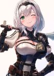  1girl armor belt belt_buckle braid breasts buckle chest_guard cleavage cleavage_cutout clothing_cutout gloves green_eyes grey_hair hair_ornament hololive large_breasts mace medium_hair one_eye_closed shiotsuke_sasami shirogane_noel shoulder_armor virtual_youtuber weapon 