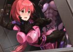  1boy 1girl against_glass ass ass_grab bent_over bodysuit breast_press breasts breasts_on_glass brown_eyes fortified_suit hetero highres implied_sex kagami_sumika large_breasts long_hair lower_teeth_only morisobo muvluv muvluv_alternative open_mouth pink_bodysuit red_hair saliva science_fiction skin_tight tears teeth 