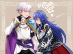  1boy 1girl arm_hug armor ascot belt belt_buckle black_gloves blue_cape blue_eyes blue_hair breastplate buckle cape commentary_request commission fire_emblem fire_emblem_awakening fire_emblem_heroes gloves grey_eyes height_difference hood hooded_cape index_finger_raised long_hair long_sleeves lucina_(brave_princess)_(fire_emblem) lucina_(fire_emblem) official_alternate_costume open_mouth purple_cape red_cape robin_(fire_emblem) robin_(male)_(exalt&#039;s_deliverer)_(fire_emblem) robin_(male)_(fire_emblem) shield shirt shoochiku_bai short_hair skeb_commission smile tiara two-tone_cape white_ascot white_hair white_shirt 