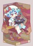  1girl absurdres baron_(x5qgeh) bat_wings black_wings blue_hair blush_stickers collared_shirt crossover frilled_shirt_collar frills hat hat_ribbon highres mob_cap open_mouth pokemon pokemon_(creature) puffy_short_sleeves puffy_sleeves red_eyes red_footwear red_ribbon remilia_scarlet ribbon shirt shoes short_hair short_sleeves sitting socks solo teeth touhou upper_teeth_only white_headwear white_shirt white_socks wings wrist_cuffs zorua 