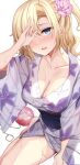  1girl blonde_hair blue_eyes blush breasts candy_apple cleavage covering_one_eye floral_print flower food hair_flower hair_ornament hand_over_face highres japanese_clothes kimono large_breasts looking_at_viewer medium_hair obi original print_kimono sanshoku_amido sash simple_background sitting smile solo wariza water_yoyo wet wet_clothes white_background yukata 
