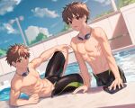  2boys arm_support black_male_swimwear blurry brown_eyes brown_hair bulge collarbone day depth_of_field dripping dutch_angle goggles goggles_around_neck hand_on_own_knee highres jammers knee_up looking_at_viewer male_focus male_swimwear multiple_boys navel nayoshi_(r-744) nipples original outdoors paid_reward_available parted_lips pectorals pool poolside reclining ribs spiked_hair swim_cap swim_cap_removed swim_goggles toned toned_male wading water wet wet_hair 