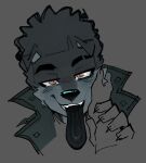  anthro biped black_tongue brown_eyes canid canine canis clothing domestic_dog duo fur goon_(goonie_san) goonie-san grey_background grey_body grey_fur hi_res looking_at_viewer male mammal open_mouth pupils simple_background slit_pupils tongue tongue_out 
