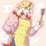  2023 5_fingers anthro apron arknights arm_tattoo bottomwear canid canine canis clothing domestic_dog fingers fur hair hi_res horn hung_(arknights) hypergryph kitchen_spatula kitchen_utensils long_hair looking_at_viewer male mammal multicolored_body multicolored_fur multicolored_hair pants red_hair solo spatula studio_montagne sweater sz_vvv tan_body tan_fur tattoo tools topwear two_tone_body two_tone_fur two_tone_hair white_body white_fur white_hair yellow_eyes 