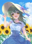  1girl blue_skirt blue_sky brown_eyes clannad cloud collared_shirt dated day flower green_hair happy_birthday hat highres ibuki_fuuko long_hair outdoors satomi_yoshitaka shirt skirt sky smile solo sun_hat sunflower white_headwear white_shirt 