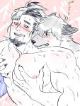  2boys animal_ears bara blush boogeyman_(housamo) completely_nude couple dog_boy dog_ears drooling eye_contact facial_hair from_above furrification furry furry_male furry_with_non-furry goatee grabbing groping hair_slicked_back hand_on_another&#039;s_shoulder highres implied_anal implied_sex interspecies large_pectorals long_sideburns looking_at_another male_focus master_4_(housamo) mature_male motion_lines multicolored_hair multiple_boys muscular muscular_male navel nipples nude pectoral_grab pectorals plump ponytail short_hair sideburns spot_color stomach suzuki80 sweat sweatdrop thick_eyebrows tokyo_afterschool_summoners torogao translation_request two-tone_hair upper_body veins veiny_arms yaoi 