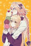  1boy 1girl astolfo_(fate) blonde_hair blush bow braid closed_mouth facing_to_the_side fate/grand_order fate_(series) food hair_bow hetero highres holding holding_food holding_ice_cream ice_cream ice_cream_cone koyashaka liss_meier_(koyashaka) open_mouth original otoko_no_ko pink_hair purple_eyes twitter_username white_hair yellow_background yellow_eyes 