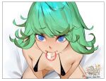  1girl bikini black_bikini blue_eyes closed_mouth commentary condom condom_in_mouth curly_hair english_commentary from_above green_hair highres hu_dako looking_at_viewer mouth_hold one-punch_man patreon_username short_hair smile solo swimsuit tatsumaki 