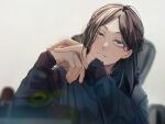  1boy :| arm_support black_hair blurry blurry_background blurry_foreground brown_eyes brown_hair closed_mouth expressionless haikyuu!! hair_behind_ear head_rest head_tilt highres kozume_kenma long_hair long_sleeves looking_at_viewer male_focus parted_hair sitting solo uni_ssansyo upper_body yellow_eyes 