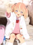  +_+ 1girl 3d ahoge arm_at_side artist_request bag bag_charm blender_(medium) blonde_hair blurry blurry_background blush bow bowtie bright_pupils carrot charm_(object) collared_shirt cowboy_shot day dot_nose flower hair_flower hair_ornament highres hood hoodie kneehighs long_sleeves looking_at_viewer medium_hair miniskirt multicolored_eyes multicolored_hair open_clothes open_hand open_hoodie open_mouth orange_hair outdoors outstretched_arm pink_bag pink_eyes pink_sweater plaid plaid_skirt purple_eyes red_bow red_bowtie red_skirt rinne_(rinrinne) rinrinne school_bag school_uniform shirt sitting skirt smile socks solo streaked_hair sweater two_side_up virtual_youtuber waving white_hoodie white_pupils white_shirt white_socks 