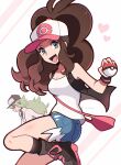  1boy 1girl :d absurdres bag baseball_cap black_vest blue_eyes blue_shorts boots breasts brown_hair cleavage denim denim_shorts handbag hat heart high_ponytail highres hilda_(pokemon) holding holding_poke_ball looking_at_viewer medium_breasts n_(pokemon) open_mouth poke_ball poke_ball_(basic) pokemon pokemon_(game) pokemon_bw shoelaces short_shorts shorts smile tank_top thighs touyarokii vest white_tank_top wristband 