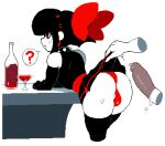  2boys ? ass black_hair black_thighhighs bow choker cibastion clothes_lift cocktail_glass collar condom cup detached_sleeves drinking_glass hair_bow imminent_penetration large_penis multiple_boys original penis pleated_skirt red_eyes scythe_(cibastion) short_hair sidelocks skirt skirt_lift spiked_collar spikes spoken_question_mark thighhighs thong white_background yaoi 