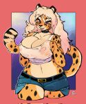  alexandra_(velocitycat) anthro big_breasts blep bottomwear breast_grab breasts cheetah choker clothed clothing cutoffs daisy_dukes denim denim_clothing felid feline female front_view fur goonie-san hair hand_on_breast hand_under_clothing hi_res hotpants jewelry mammal midriff necklace purple_eyes shorts smile solo spots spotted_body spotted_fur standing tongue tongue_out wet wet_clothing white_hair yellow_body yellow_fur 