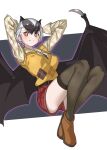  1girl alternate_costume animal_ears arms_behind_head bat_ears bat_girl bat_wings belt black_belt black_hair black_thighhighs boots brown_footwear collared_shirt commentary daito_fruit_bat_(kemono_friends) extra_ears grey_hair highres kemono_friends long_sleeves multicolored_hair orange_eyes red_shorts shirt short_hair shorts solo sweater tanabe_(fueisei) thighhighs two-tone_hair wings yellow_shirt yellow_sweater 