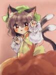  1girl animal_ears blush bow brown_hair chen clenched_hand drawing dress green_headwear highres long_sleeves looking_at_viewer medium_hair ol07469724 open_mouth red_dress sketch solo tail touhou twintails yellow_bow 