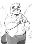  2023 anthro blush bottomwear bulge camera canid canine clothing eyewear glasses humanoid_hands kemono kounosuke_(morenatsu) male mammal masshiro morenatsu outside overweight overweight_male pants raccoon_dog solo tanuki tongue tongue_out 