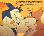  absurd_res black_nose blue_body blue_eyes buizel chest_tuft dialogue english_text eye_contact generation_2_pokemon generation_4_pokemon hi_res looking_at_another male nelldemon nintendo open_mouth orange_background orange_body pokemon pokemon_(species) red_eyes sharp_teeth simple_background smile speech_bubble teeth text tuft typhlosion 