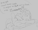  chair dialogue dtcx97 earth_pony english_text equid equine female feral friendship_is_magic furniture hasbro hi_res horse lounge_chair lying mammal monochrome my_little_pony on_back open_mouth pinkie_pie_(mlp) pony profanity sketch solo spread_legs spreading text 