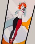  anthro blue_body blue_skin boots bottomwear breasts clothing female fin fish footwear gills hair hi_res liy-p long_tail marine mirror mirror_selfie orange_hair pants red_hair selfie shark shark_tail sharp_teeth simple_background slim solo solo_focus tail teeth tongue tongue_out wide_hips yellow_eyes yellow_tail 