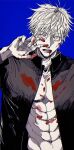  1boy abs blood blood_from_mouth blood_on_clothes blood_on_hands blue_background commentary fingernails gakuran gojou_satoru hand_up highres jujutsu_kaisen looking_at_viewer male_focus namida_a2 open_clothes open_mouth school_uniform short_hair solo 