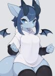  4_fingers anthro bangs big_breasts black_clothing black_footwear black_legwear black_socks black_thigh_highs black_thigh_socks blue_body blue_eyes blue_horn blue_skin breasts claws clothing collarbone dragon eyelashes female fingers footwear hi_res hoodie horn legwear liteee small_wings smile smiling_at_viewer socks solo squish tail thick_tail thick_thighs thigh_highs thigh_socks thigh_squish topwear wings 