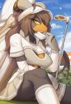  absurd_res anthro black_body black_fur breasts clothed clothing face_mask female fur generation_2_pokemon golf_club hi_res houndoom nintendo orange_body orange_fur pokemon pokemon_(species) red_eyes solo zinfyu 